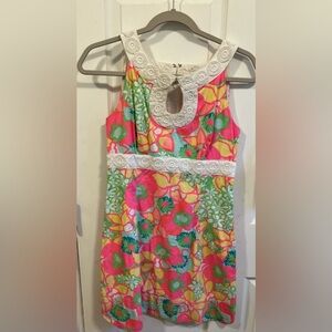 Bright Floral Sleeveless Shift Dress with Lace Trim